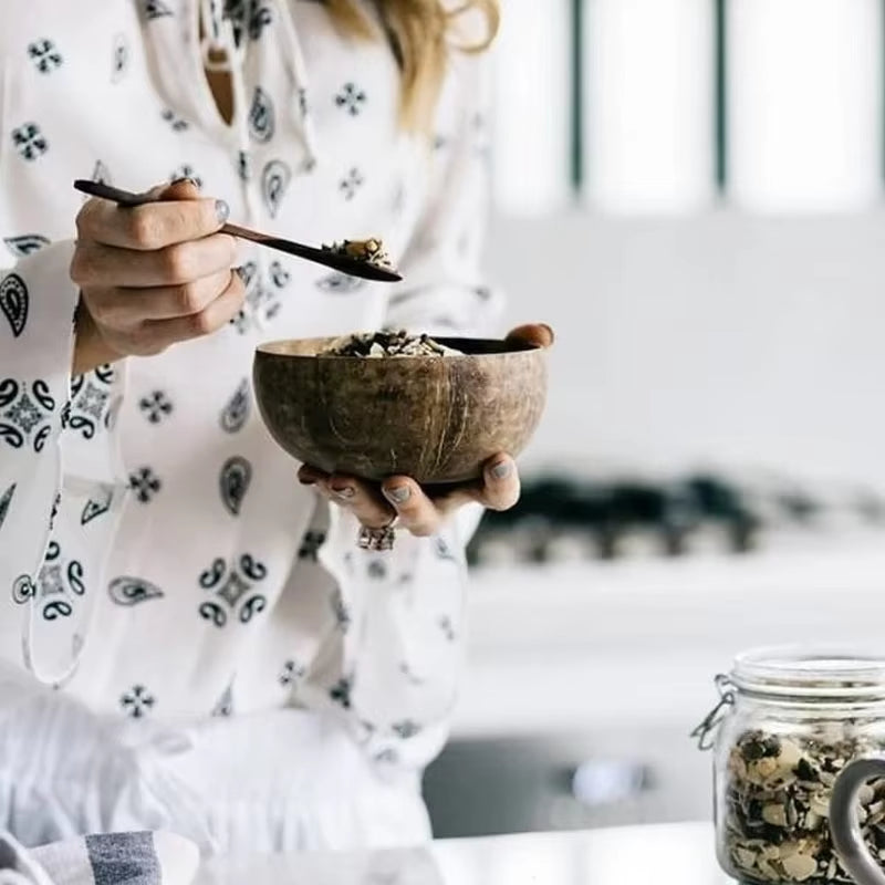 Handmade Natural Coconut Bowl & Spoon Set | Eco-Friendly Wooden Tableware for Rice, Ramen, Salad & Desserts