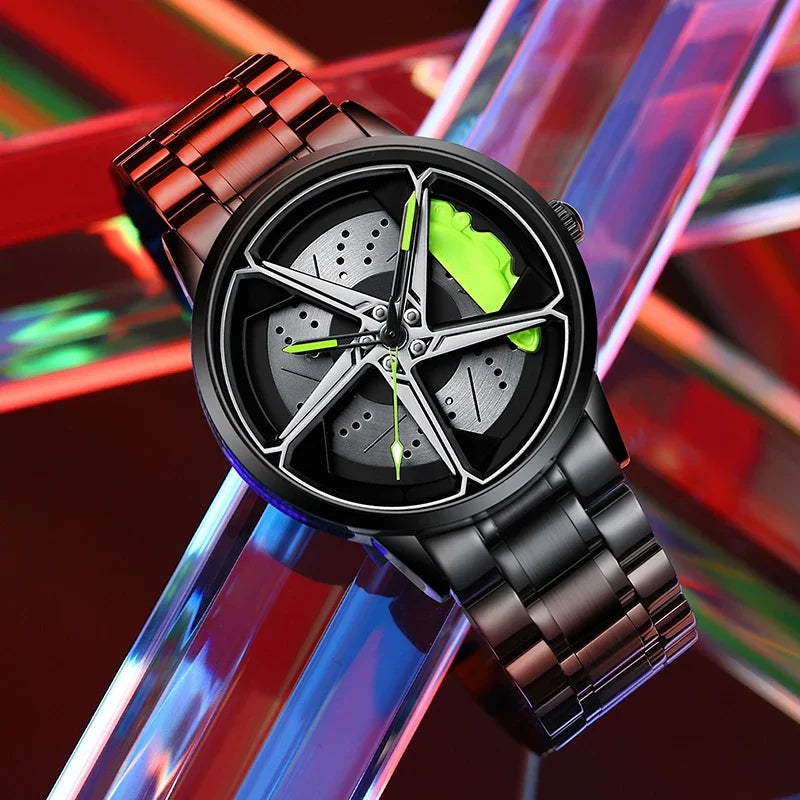 Men’s Spinning Rim Watch | Sporty Car Wheel Design, Waterproof & 360° Rotating Dial