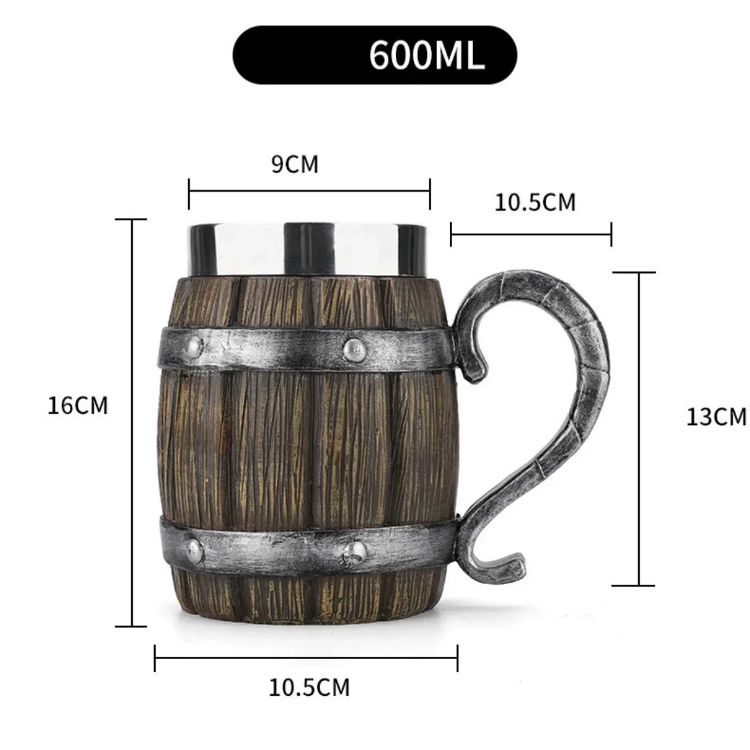 Viking-Style Wooden Beer Mug – 3D Resin & Stainless Steel Double-Wall Tankard for Beer, Coffee, & Wine (600ml)