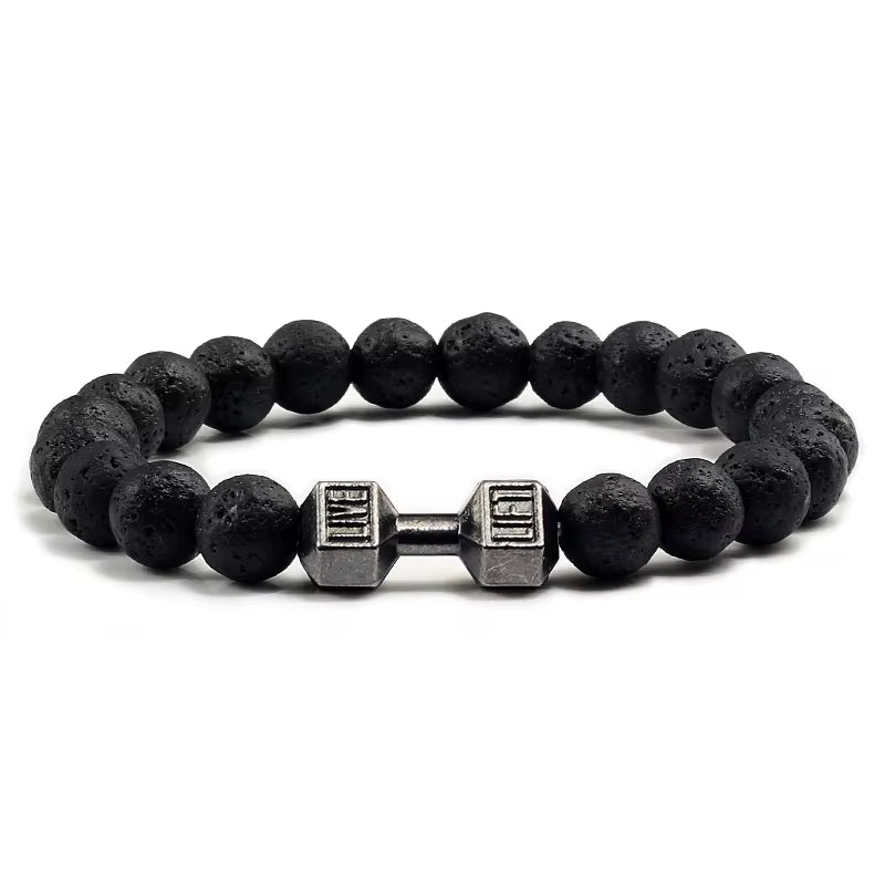 Handmade Volcanic Stone Bracelet | Matte Black & White Lava Beads with Dumbbell Charm – Fitness & Strength Jewelry for Men & Women