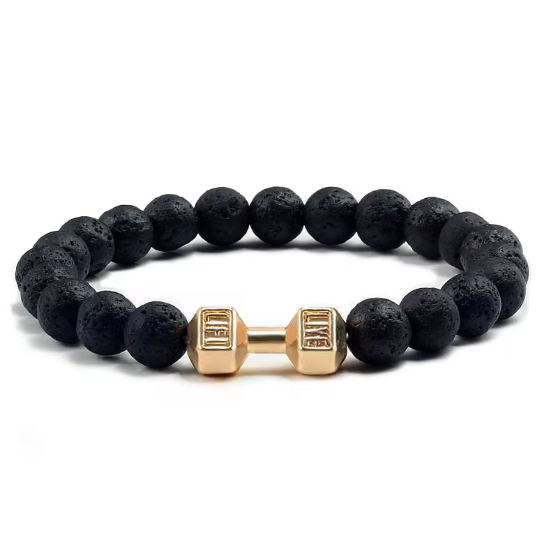 Handmade Volcanic Stone Bracelet | Matte Black & White Lava Beads with Dumbbell Charm – Fitness & Strength Jewelry for Men & Women