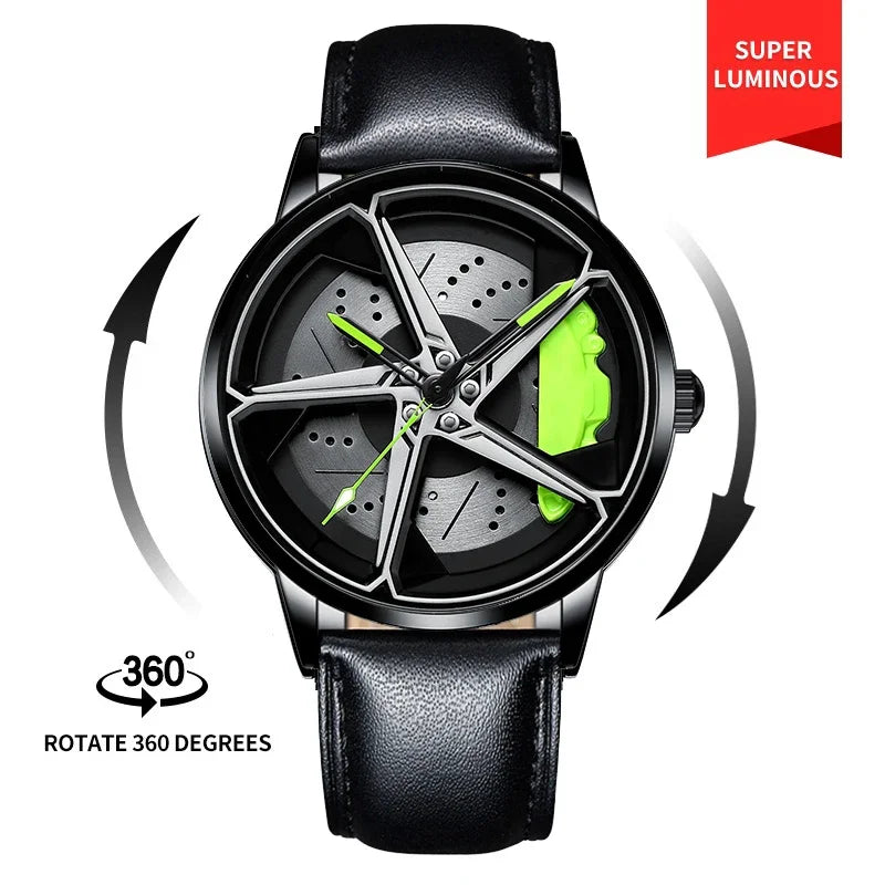 Men’s Spinning Rim Watch | Sporty Car Wheel Design, Waterproof & 360° Rotating Dial