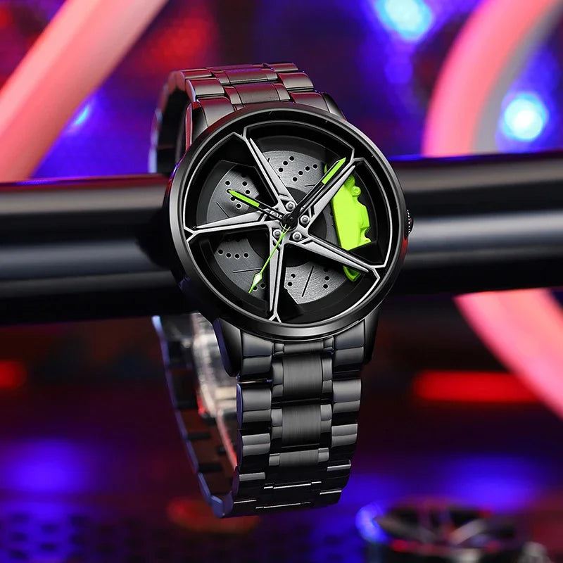 Men’s Spinning Rim Watch | Sporty Car Wheel Design, Waterproof & 360° Rotating Dial