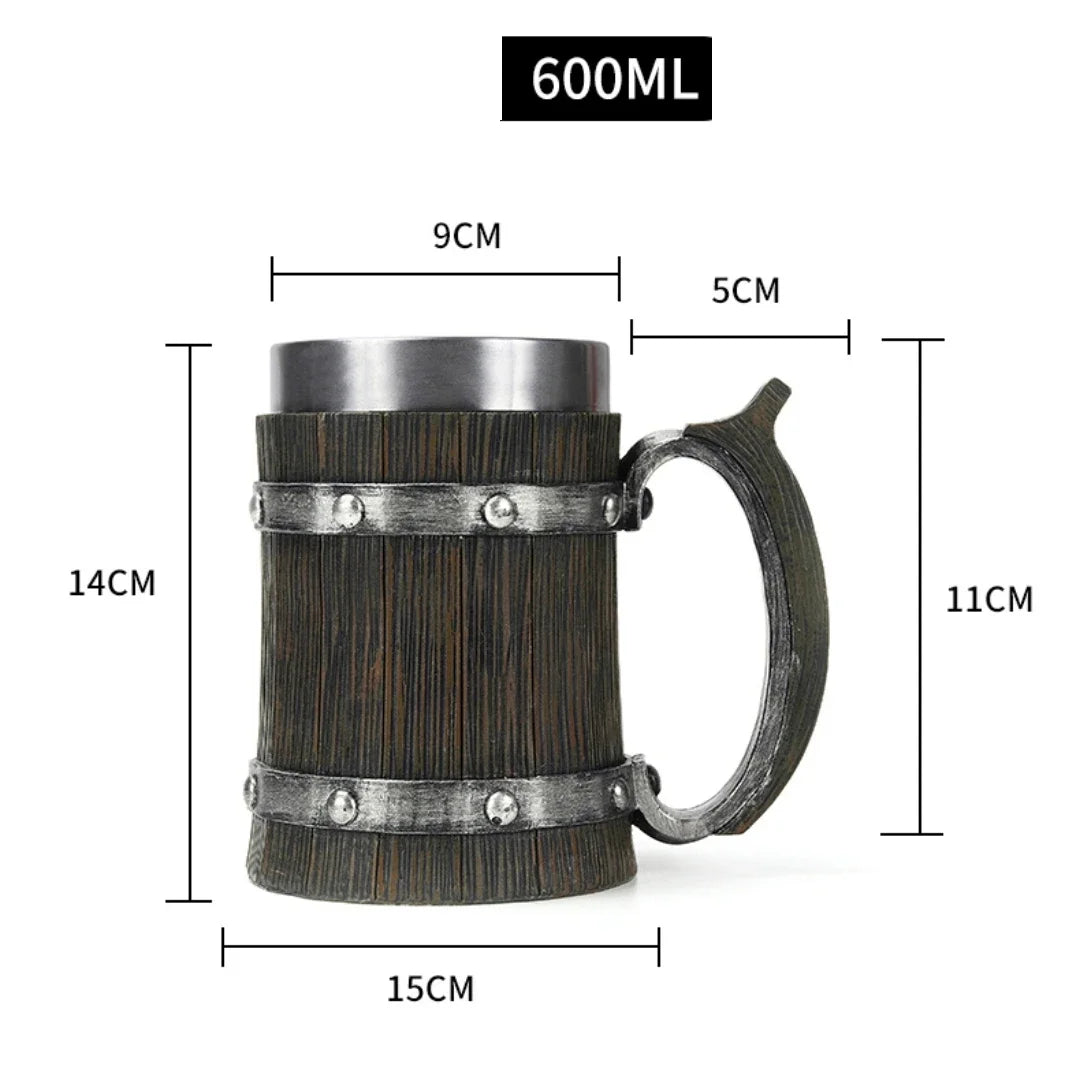 Viking-Style Wooden Beer Mug – 3D Resin & Stainless Steel Double-Wall Tankard for Beer, Coffee, & Wine (600ml)