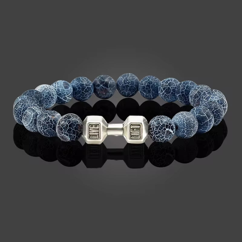 Handmade Volcanic Stone Bracelet | Matte Black & White Lava Beads with Dumbbell Charm – Fitness & Strength Jewelry for Men & Women