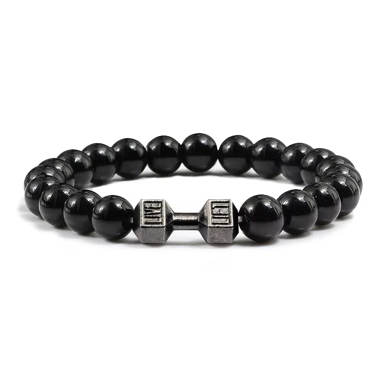 Handmade Volcanic Stone Bracelet | Matte Black & White Lava Beads with Dumbbell Charm – Fitness & Strength Jewelry for Men & Women