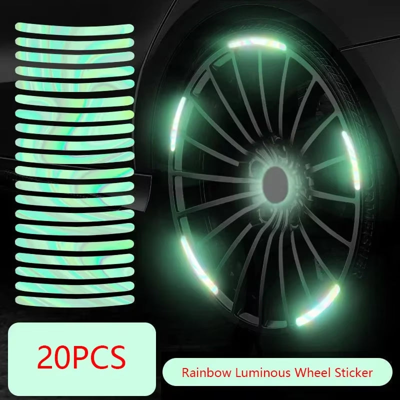 20Pcs Reflective Car Wheel Hub Stickers – Luminous Tire Rim Strips for Night Safety & Visibility (Green & Silver)