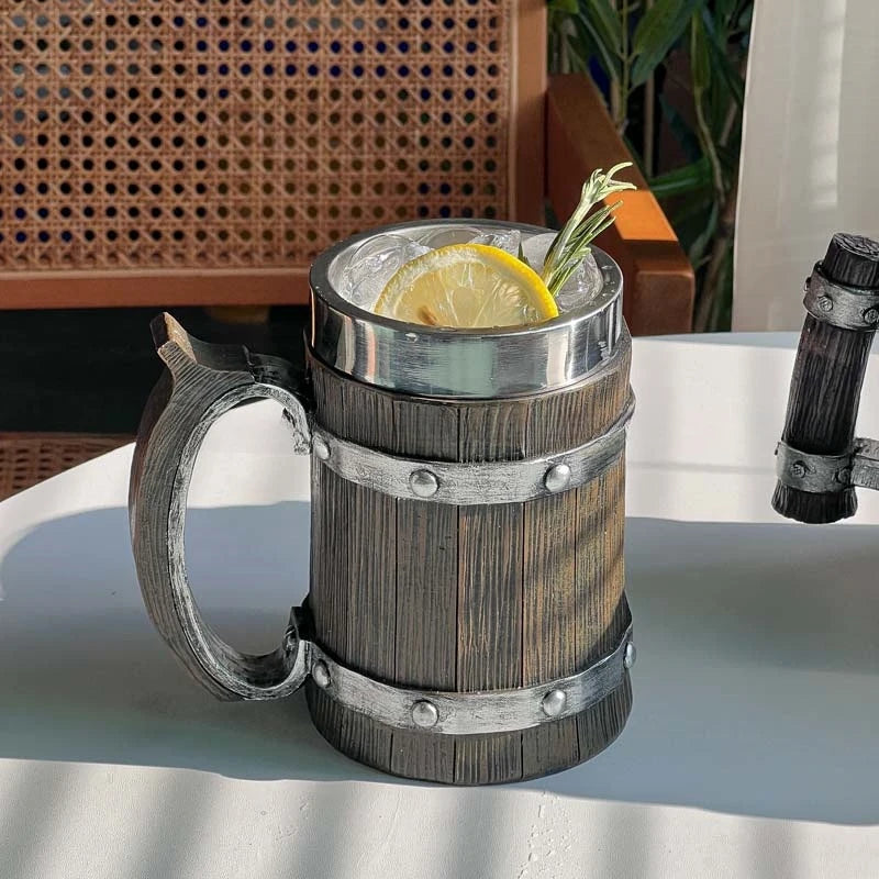 Viking-Style Wooden Beer Mug – 3D Resin & Stainless Steel Double-Wall Tankard for Beer, Coffee, & Wine (600ml)