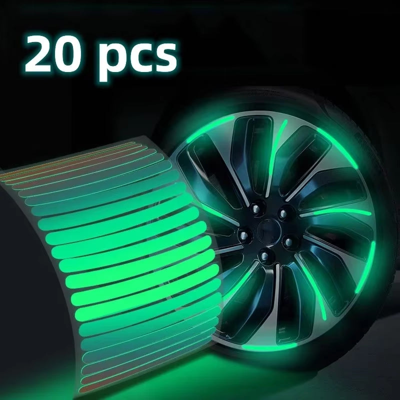 20Pcs Reflective Car Wheel Hub Stickers – Luminous Tire Rim Strips for Night Safety & Visibility (Green & Silver)