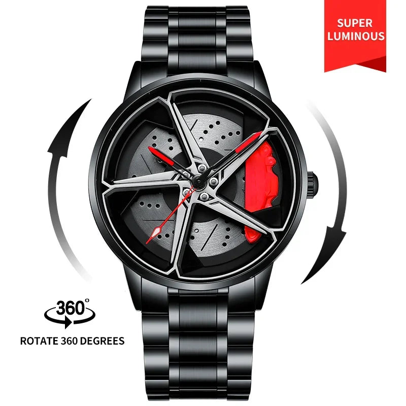 Men’s Spinning Rim Watch | Sporty Car Wheel Design, Waterproof & 360° Rotating Dial