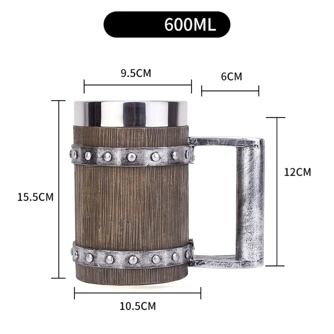 Viking-Style Wooden Beer Mug – 3D Resin & Stainless Steel Double-Wall Tankard for Beer, Coffee, & Wine (600ml)