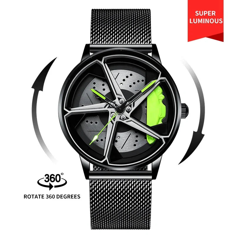 Men’s Spinning Rim Watch | Sporty Car Wheel Design, Waterproof & 360° Rotating Dial