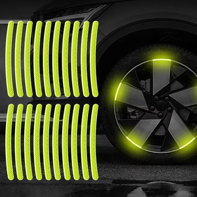 20Pcs Reflective Car Wheel Hub Stickers – Luminous Tire Rim Strips for Night Safety & Visibility (Green & Silver)