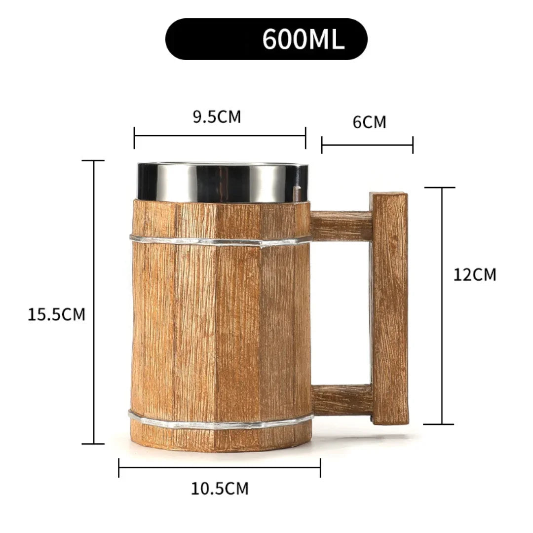 Viking-Style Wooden Beer Mug – 3D Resin & Stainless Steel Double-Wall Tankard for Beer, Coffee, & Wine (600ml)