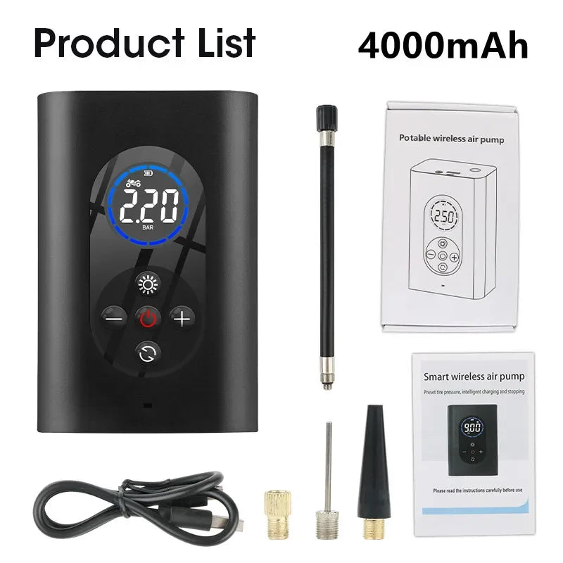 Portable Wireless Car Air Pump | Multifunctional Tire Inflator with LED Light, USB Charging, and Digital Pressure Display – Ideal for Car, Motorcycle, Bicycle, and Balls