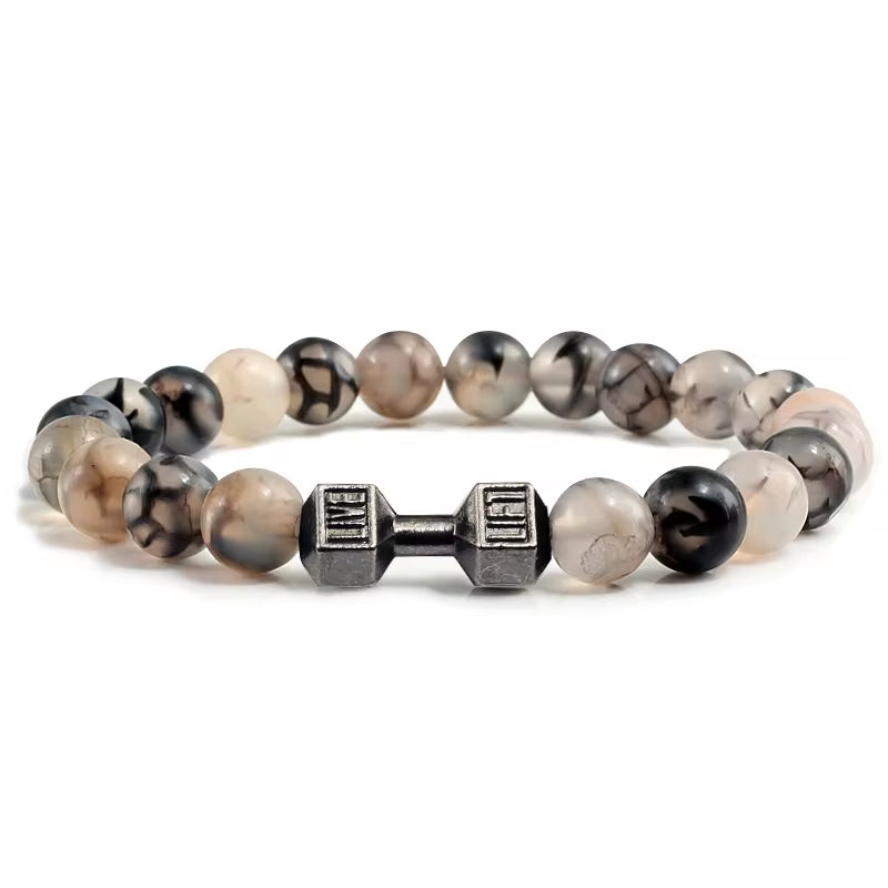 Handmade Volcanic Stone Bracelet | Matte Black & White Lava Beads with Dumbbell Charm – Fitness & Strength Jewelry for Men & Women