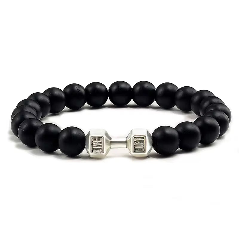 Handmade Volcanic Stone Bracelet | Matte Black & White Lava Beads with Dumbbell Charm – Fitness & Strength Jewelry for Men & Women