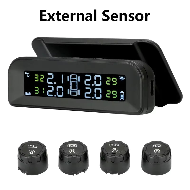 2023 Solar-Powered Wireless TPMS – LCD Display, Auto Brightness Adjustment, Real-Time 4-Tire Pressure & Temperature Monitoring