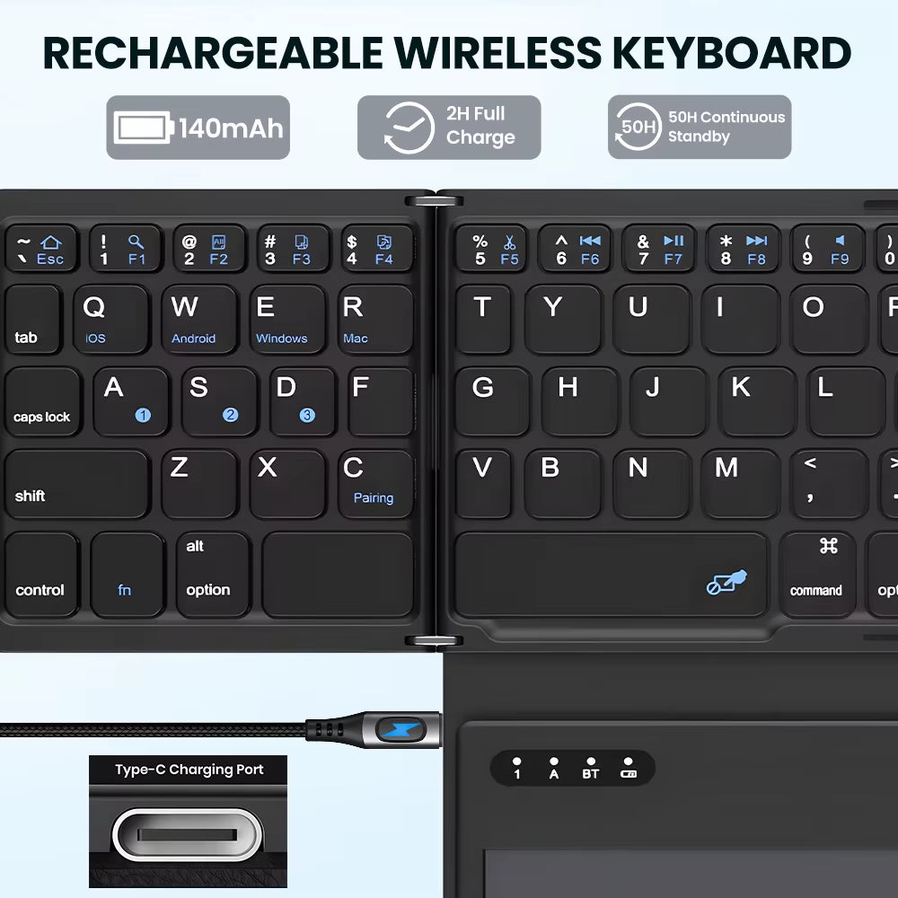 Portable Quadruple Folding Wireless Bluetooth Keyboard with Built-in Touchpad – For Windows, Android, iOS, Tablets, iPads, Phones