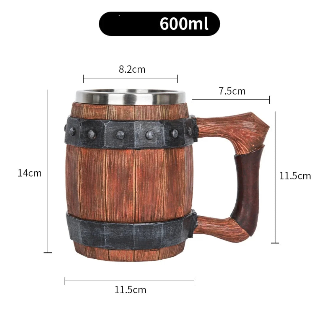 Viking-Style Wooden Beer Mug – 3D Resin & Stainless Steel Double-Wall Tankard for Beer, Coffee, & Wine (600ml)