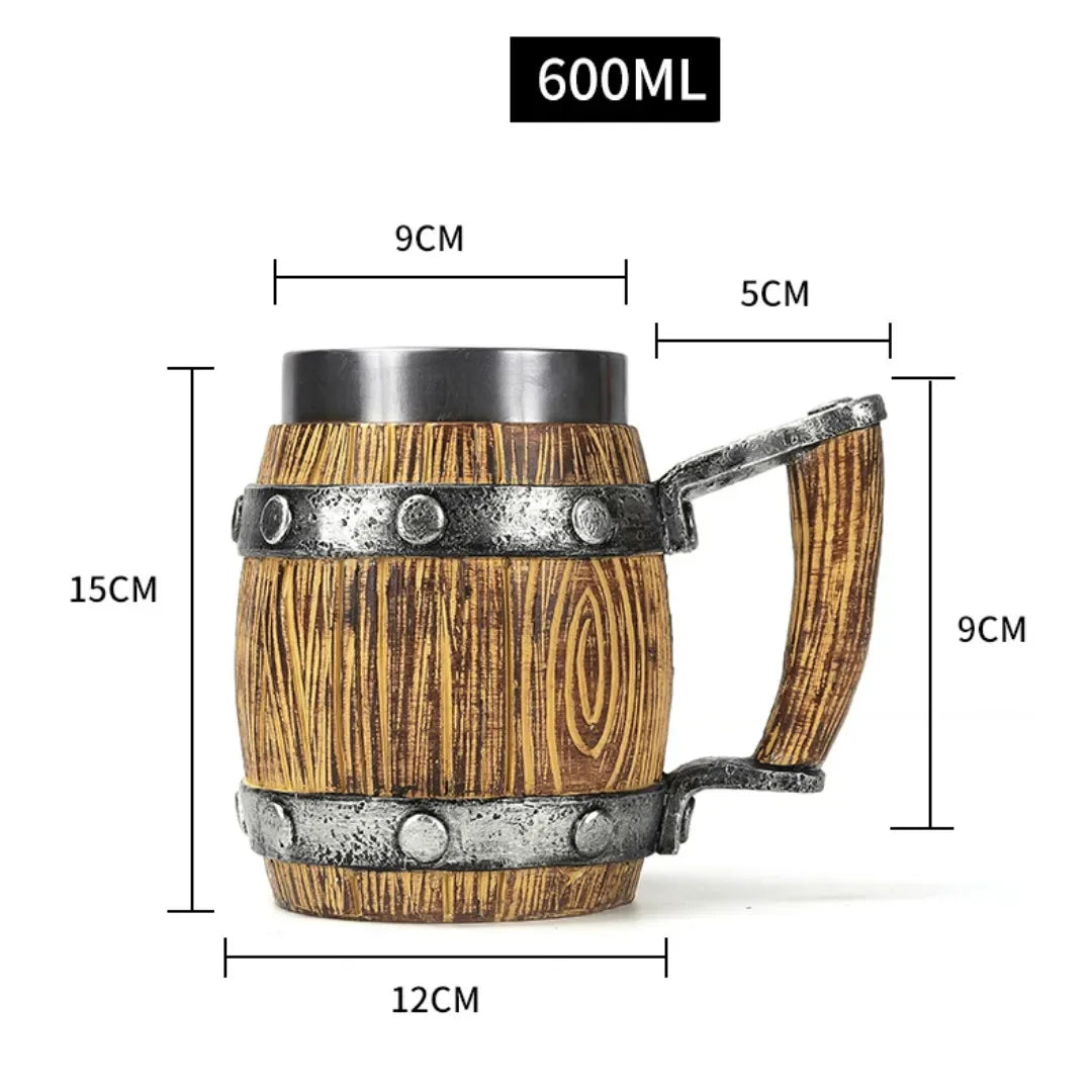 Viking-Style Wooden Beer Mug – 3D Resin & Stainless Steel Double-Wall Tankard for Beer, Coffee, & Wine (600ml)