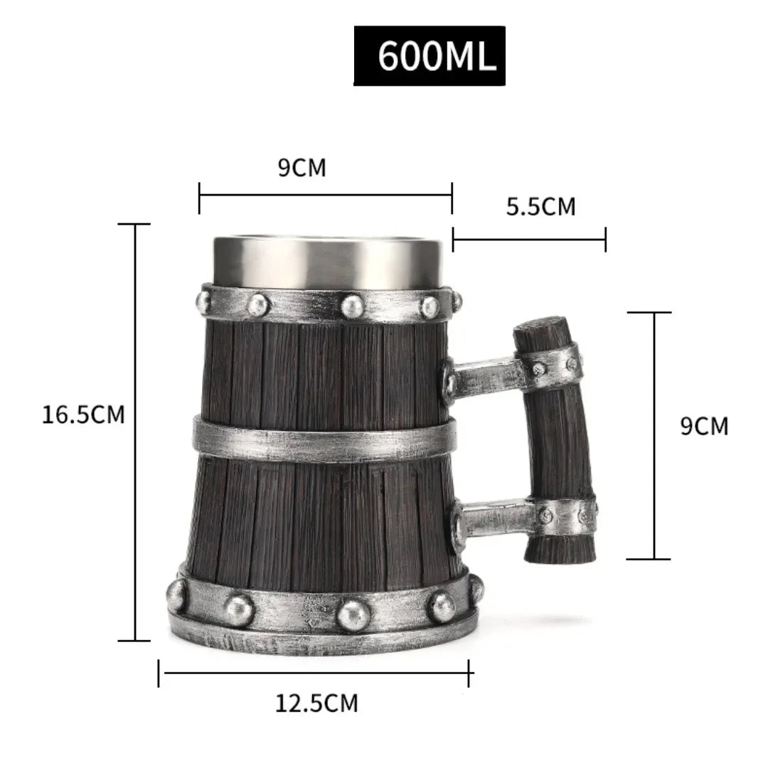 Viking-Style Wooden Beer Mug – 3D Resin & Stainless Steel Double-Wall Tankard for Beer, Coffee, & Wine (600ml)