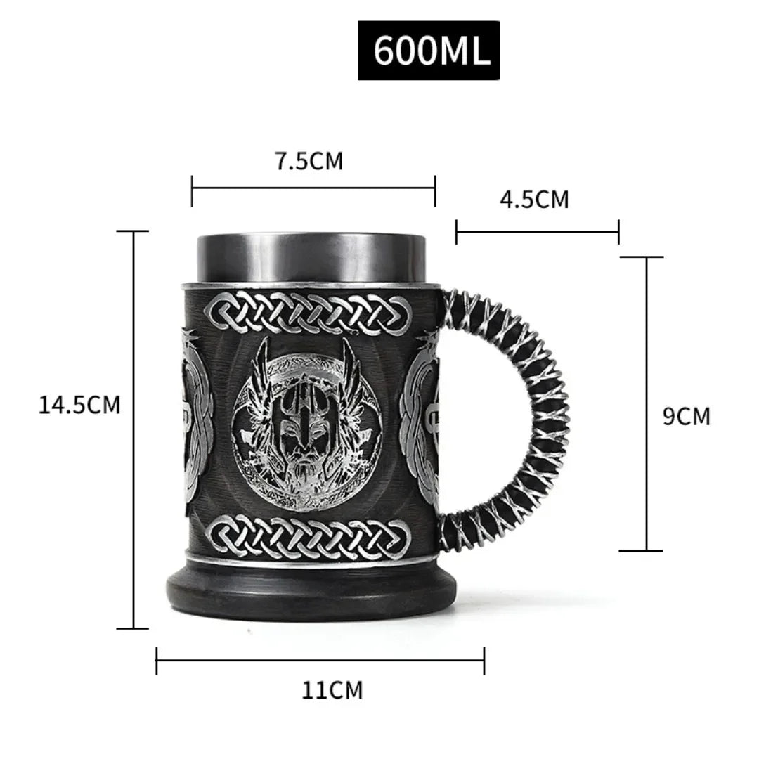 Viking-Style Wooden Beer Mug – 3D Resin & Stainless Steel Double-Wall Tankard for Beer, Coffee, & Wine (600ml)