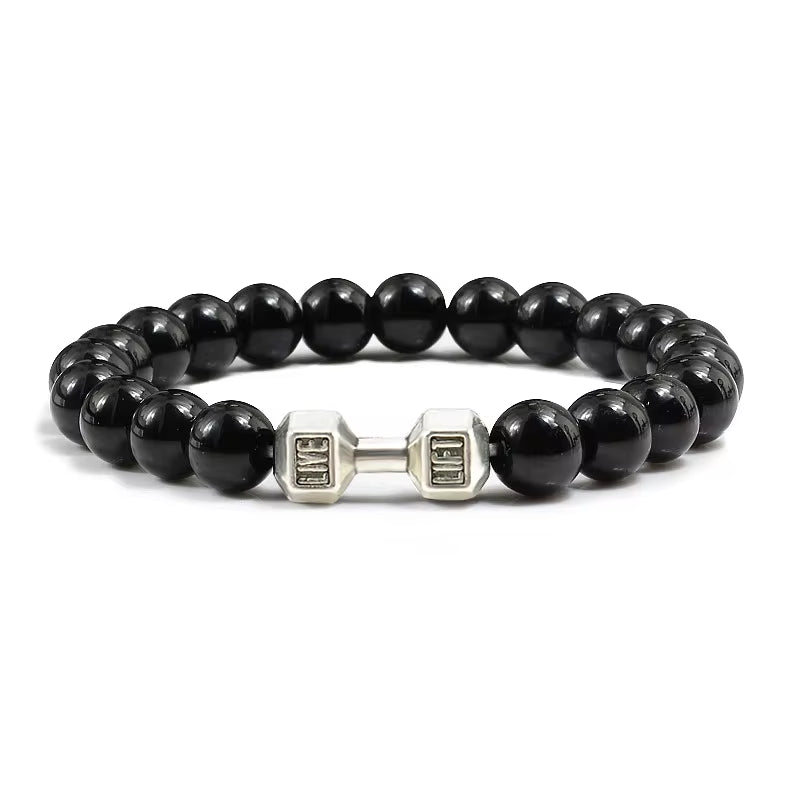 Handmade Volcanic Stone Bracelet | Matte Black & White Lava Beads with Dumbbell Charm – Fitness & Strength Jewelry for Men & Women