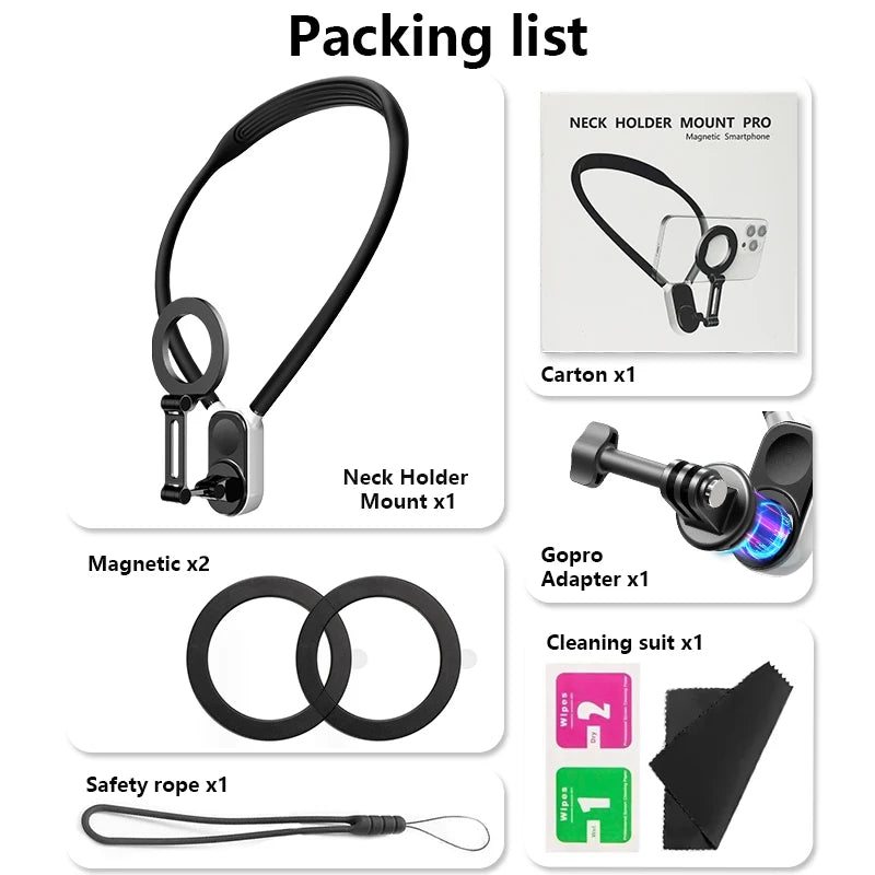 Magnetic Neck Holder Mount Necklace for Mobile Phones | 360° Adjustable POV Stand for iPhone & Android | Hands-Free Smartphone Accessory