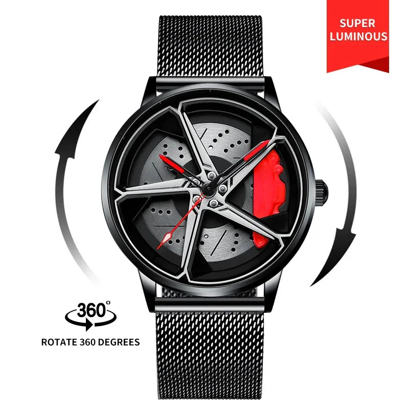 Men’s Spinning Rim Watch | Sporty Car Wheel Design, Waterproof & 360° Rotating Dial