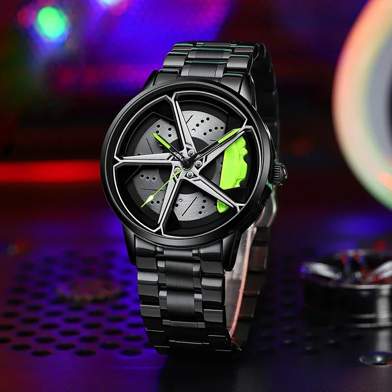 Men’s Spinning Rim Watch | Sporty Car Wheel Design, Waterproof & 360° Rotating Dial