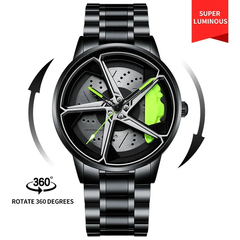 Men’s Spinning Rim Watch | Sporty Car Wheel Design, Waterproof & 360° Rotating Dial