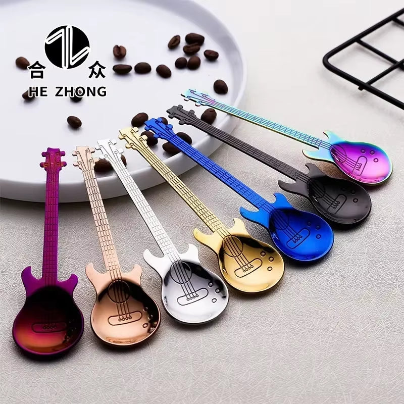 Stainless Steel Guitar & Heart-Shaped Coffee Spoon | Colorful Teaspoon for Coffee, Tea & Desserts