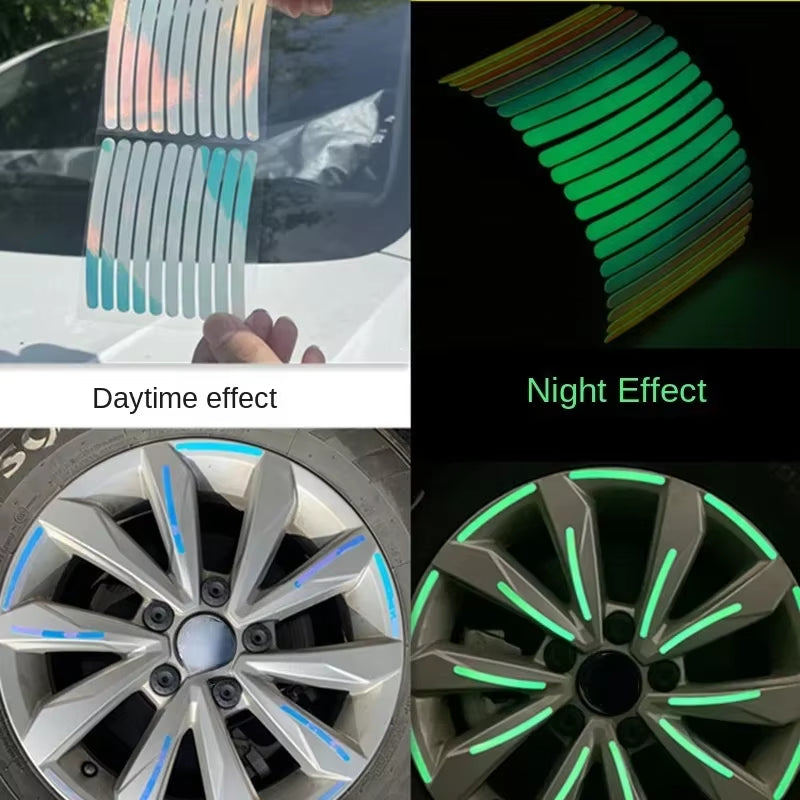 20Pcs Reflective Car Wheel Hub Stickers – Luminous Tire Rim Strips for Night Safety & Visibility (Green & Silver)