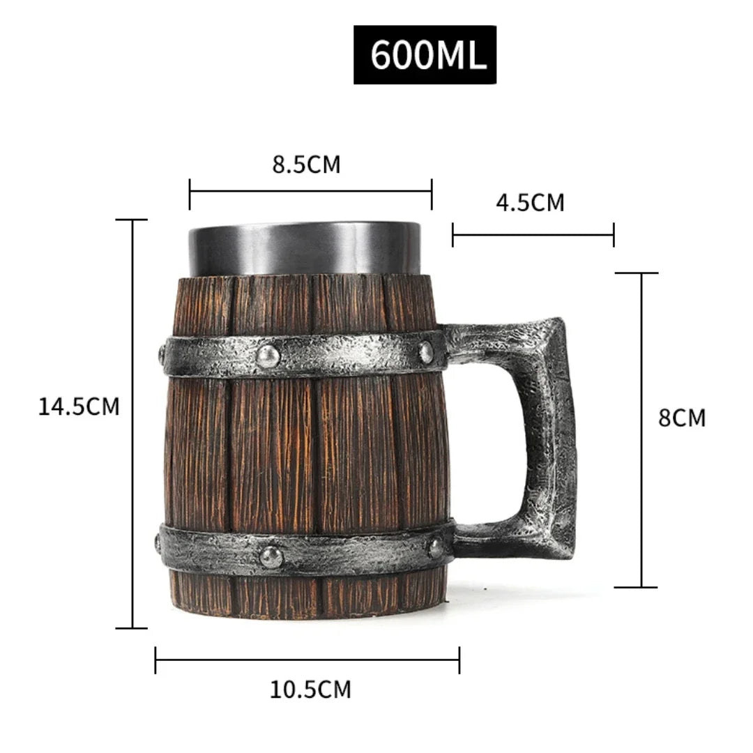 Viking-Style Wooden Beer Mug – 3D Resin & Stainless Steel Double-Wall Tankard for Beer, Coffee, & Wine (600ml)