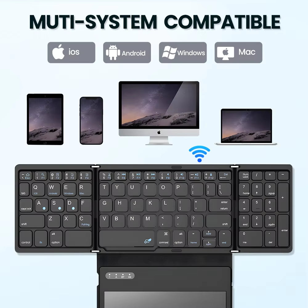 Portable Quadruple Folding Wireless Bluetooth Keyboard with Built-in Touchpad – For Windows, Android, iOS, Tablets, iPads, Phones