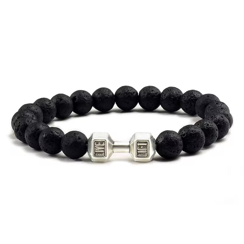 Handmade Volcanic Stone Bracelet | Matte Black & White Lava Beads with Dumbbell Charm – Fitness & Strength Jewelry for Men & Women