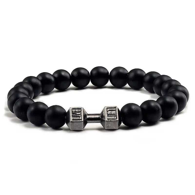 Handmade Volcanic Stone Bracelet | Matte Black & White Lava Beads with Dumbbell Charm – Fitness & Strength Jewelry for Men & Women