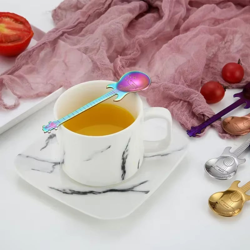 Stainless Steel Guitar & Heart-Shaped Coffee Spoon | Colorful Teaspoon for Coffee, Tea & Desserts