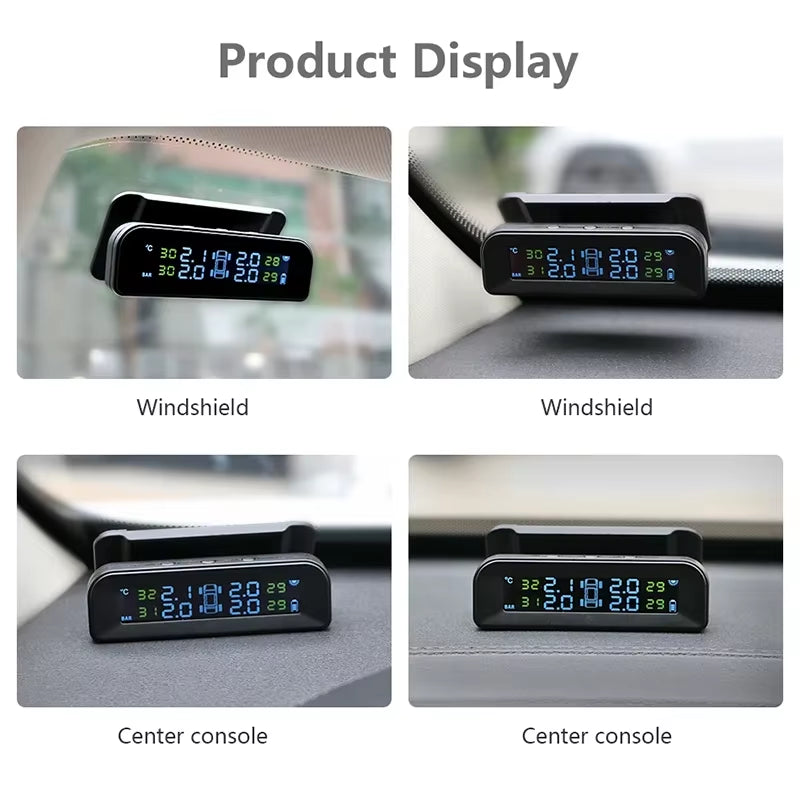 2023 Solar-Powered Wireless TPMS – LCD Display, Auto Brightness Adjustment, Real-Time 4-Tire Pressure & Temperature Monitoring