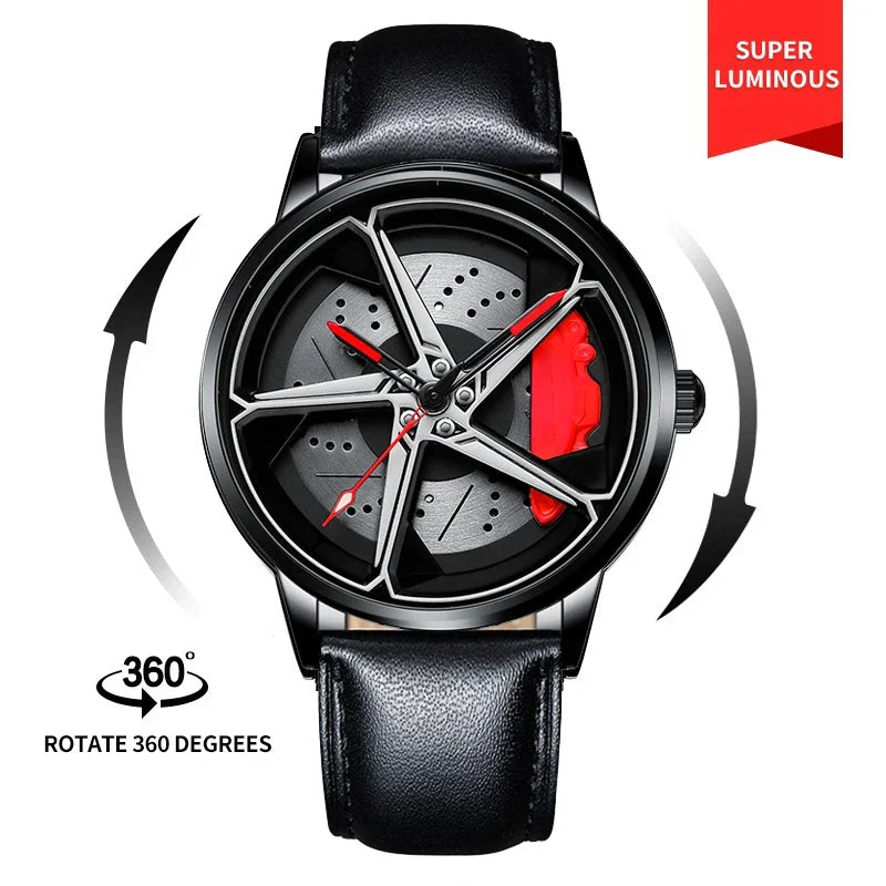 Men’s Spinning Rim Watch | Sporty Car Wheel Design, Waterproof & 360° Rotating Dial