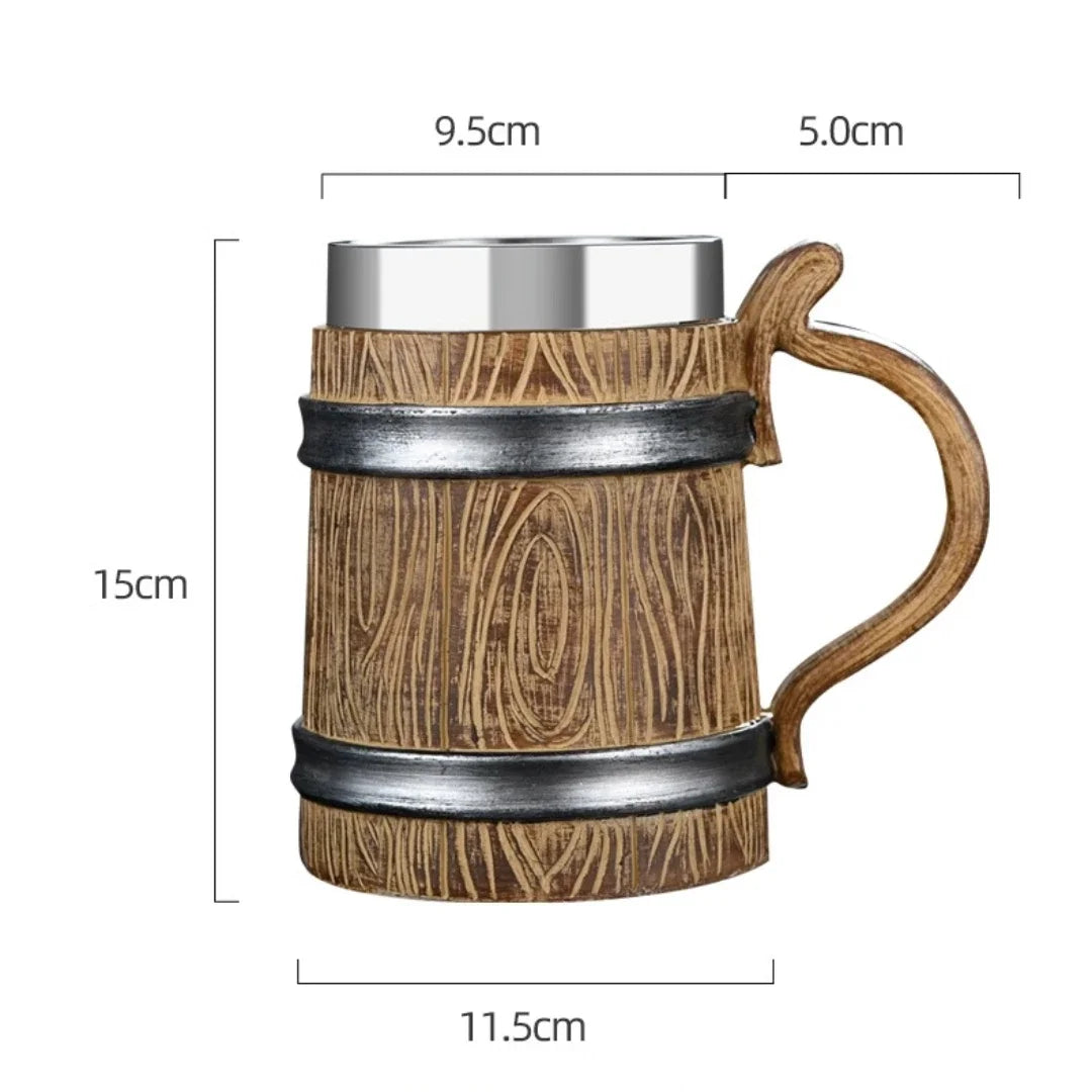 Viking-Style Wooden Beer Mug – 3D Resin & Stainless Steel Double-Wall Tankard for Beer, Coffee, & Wine (600ml)