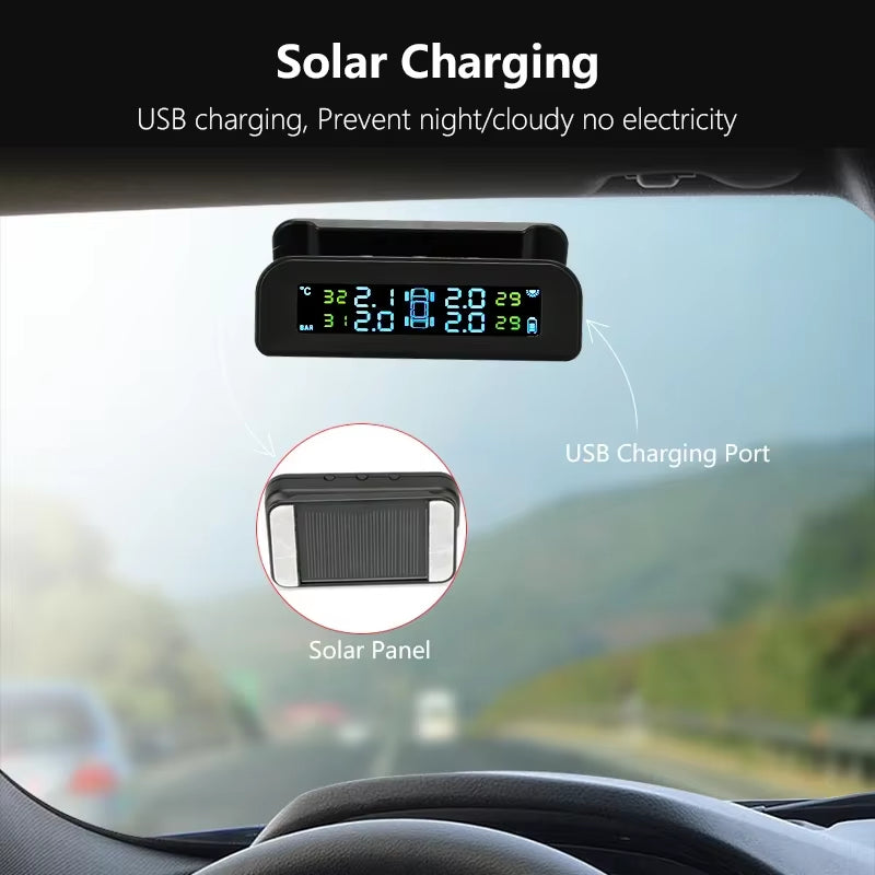 2023 Solar-Powered Wireless TPMS – LCD Display, Auto Brightness Adjustment, Real-Time 4-Tire Pressure & Temperature Monitoring