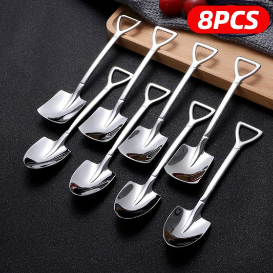 4/8PCS Stainless Steel Shovel-Shaped Coffee & Tea Spoons – Creative Ice Cream & Dessert Cutlery Set