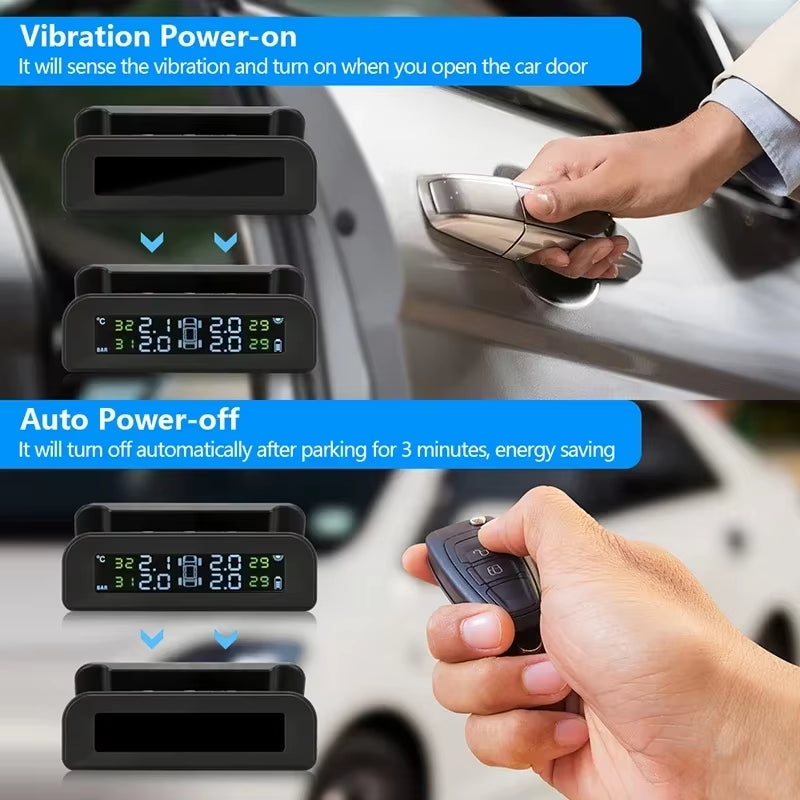 2023 Solar-Powered Wireless TPMS – LCD Display, Auto Brightness Adjustment, Real-Time 4-Tire Pressure & Temperature Monitoring