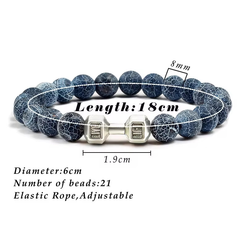 Handmade Volcanic Stone Bracelet | Matte Black & White Lava Beads with Dumbbell Charm – Fitness & Strength Jewelry for Men & Women